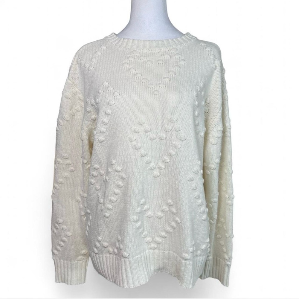 St. Johns Bay Bubble Heart Cream Crewneck Sweater Womens XL Cozy Coastal Grandma